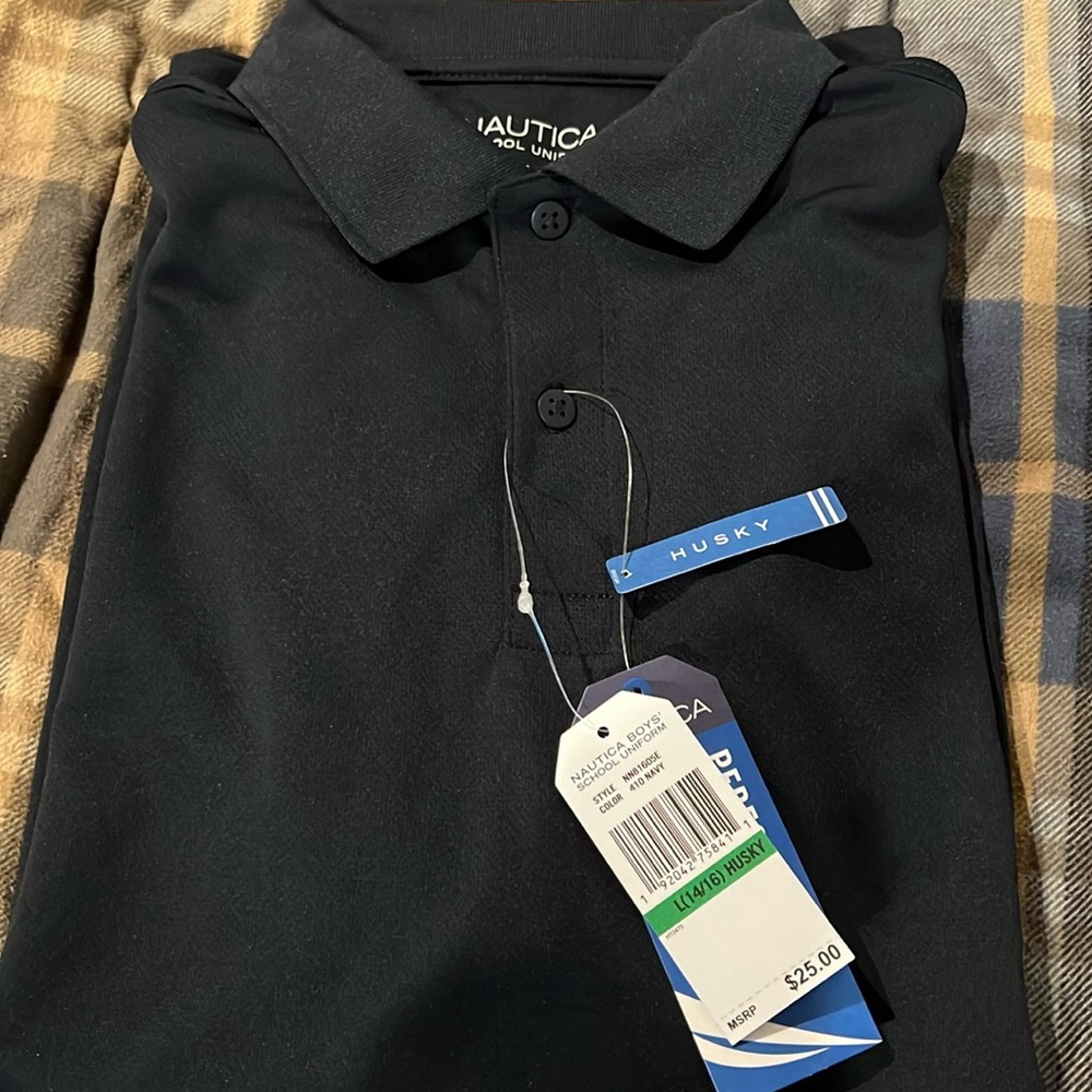 New Nautica Boys School Uniform navy size large 14/16 Husky  short sleeve polo